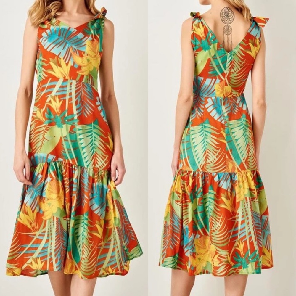 Yellow Green Red Floral Tropical Print Dress